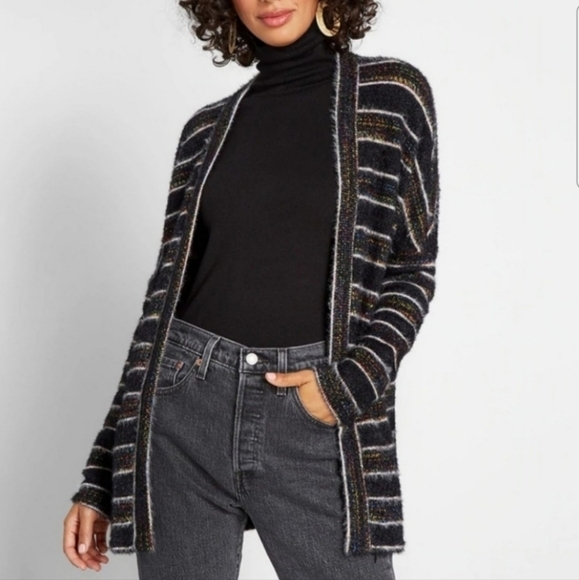 Modcloth Fuzzy Black Multicolor Metallic Striped Open Front Cardigan sz L - Picture 1 of 7